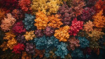A magical landscape of fall foliage changing color with trees in shades of red, orange, yellow and brown. photo