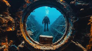 Photograph of a diver exploring a shipwreck looking for a treasure chest and hidden secrets of the deep sea. photo