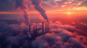 Industrial chimneys release thick clouds of smog, spreading over an urban area and affecting air quality, captured from a high vantage point to emphasize the widespread impact. photo