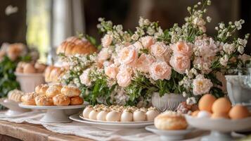 A beautifully set table for Easter brunch with pastel colors, spring flowers and long lasting Easter treats such as deviled eggs and cross buns. photo