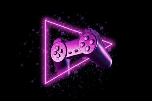 Game console joystick retro style with neon triangle in space. Concept of vaporwave and futurism. photo