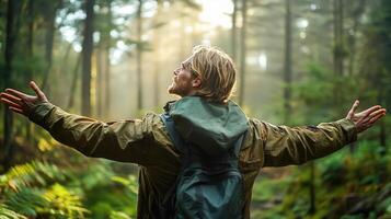Hiker rejoices in sunlit forest track photo