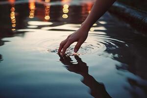 Hand creates ripples on reflecting water photo