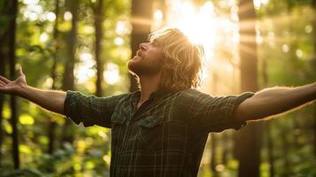 Man embraces sunlight in forest clearing photo