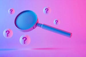 Close-up of a magnifying glass floating between question marks photo