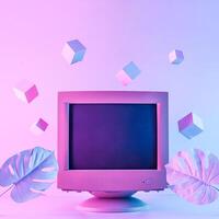 Vaporwave old retro computer like nostalgia tropical monstera and flying blocks as idea information or blockchain photo