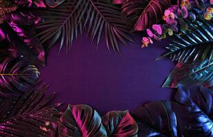 Surreal moody frame with vivid tropical plants. Modern and trendy retro concept. photo