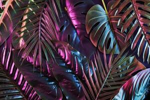 Modern dramatic moody jungle in neon illuminated retro lighting. Exotic leaves in fluorescent light. photo