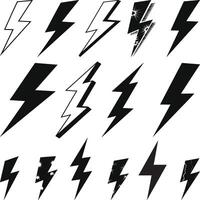 Lightning bolt icons set isolated on white background. Black flash symbol, thunderbolt vectors Silhouette illustration.