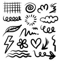 Hand drawn marker simple elements set. Doodle pen signs and effects. Simple thunderbolt, glitter, icons, heart, floral objects. Decorative pencil curved symbols and shape. vector