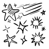 Set of hand drawn light, star and sparkle effect drawing illustrations in doodle style. vector