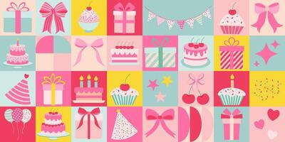 A colorful image of various party items such as cakes, cupcakes, balloons, and presents. Scene is celebratory and festive vector