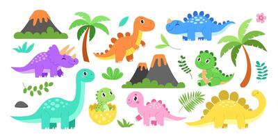 A set of dinosaur drawings, including a baby dinosaur, a baby T-Rex, and a baby Stegosaurus vector