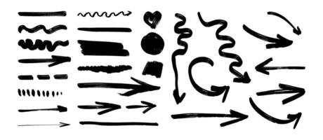 A set of black arrows with a variety of shapes and sizes. Some are straight, some are curved, and some are wavy vector