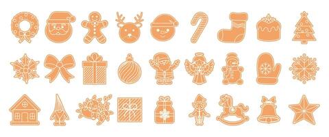A collection of gingerbread Christmas themed icons including Santa Claus, reindeer, and a Christmas tree. Some icons are in orange and some are in white vector