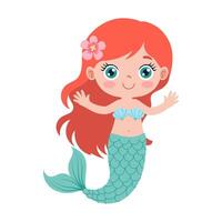 A cartoon mermaid with a flower on her head. She is smiling and waving. The mermaid is wearing a blue and green shell vector