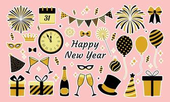 A colorful poster with a variety of symbols and objects, including a clock, balloons, and a gift box, with the words Happy New Year written in the center vector