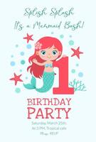 A birthday party invitation for a mermaid with a number 1 on it. The mermaid is holding a number 1 vector