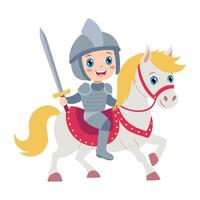 A boy is riding a horse and holding a sword. The horse is white and has a red saddle vector