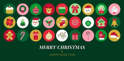 Merry Christmas and happy new year. The image is a green background with a variety of Christmas decorations such as a Santa Claus, a reindeer, a wreath, and a gingerbread man vector