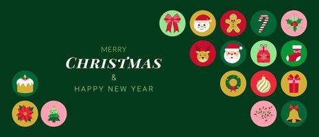 A green background with a variety of Christmas and New Year decorations. The image is a collage of different Christmas and New Year symbols vector
