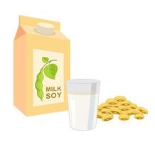 Soy milk package, soybeans and soy milk in glass. Soybean product vector