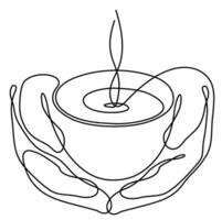 Silhouette of hands with a cup of coffee, tea in a modern one line style. Continuous line drawing of hand holding coffee cup. Solid line, outline for decor, posters, stickers, logo vector