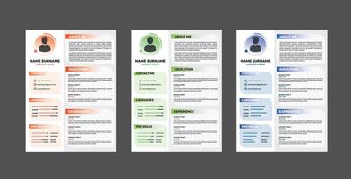 Three different resume templates with different colors vector
