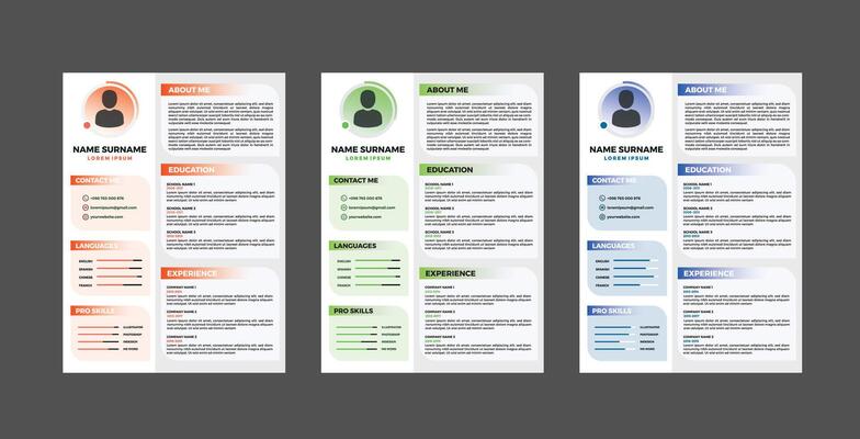 Three different resume templates with different colors