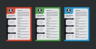 Three resume templates with different colors vector