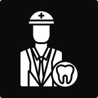 A white icon of a dentist holding a tooth vector