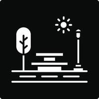 A black and white icon of a park with a tree and lamp post vector