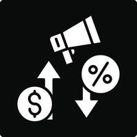 A white icon with a megaphone and dollar signs vector