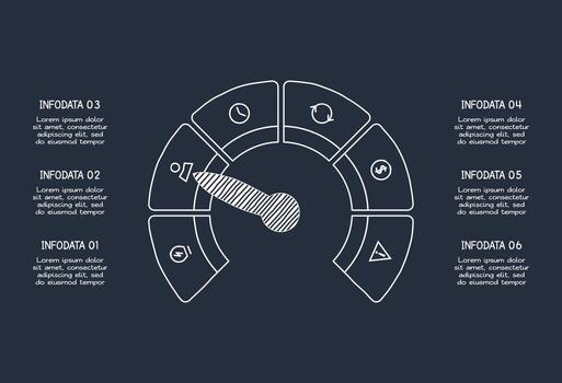 Doodle dark infographic elements with 6 options, template for web on a black background. vector