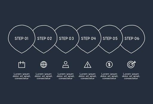 garabatear oscuro infografía elementos con 6 6 opciones, modelo para web en un negro antecedentes. vector