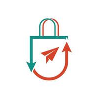 A red and green paper bag with an arrow pointing to it vector