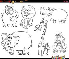 funny cartoon wild animals characters set coloring page vector