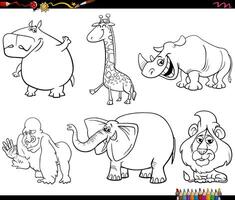 happy cartoon wild animals characters set coloring page vector