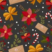 Winter pattern with poinsettia, candy cane, bow, branches. Cartoon design for wrapping paper, textile, banner, greeting cards vector