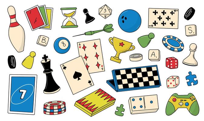 Board games doodles collection for prints, cards, posters, signs, stickers, etc. EPS 10