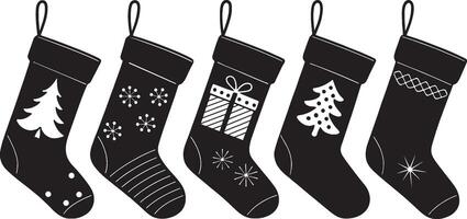 Christmas Stocking Silhouette Clipart Set. Black and White Stocking Celebration for Holiday. Art Illustration Design. vector