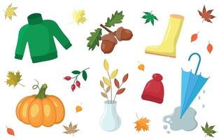 Set of autumn items on white background, flat, isolate on white vector