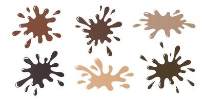 Set of coffee, cocoa or hot chocolate melted splashes and drops isolated on white. Flat design element. vector