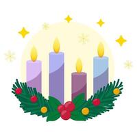 Advent wreath, decorated with green pine branches, red berries, decorations and four lit candles. Golden stars and snowflakes on background. Holiday illustration. vector