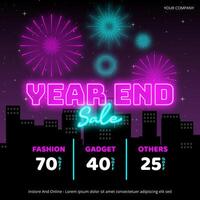 Year End Sale banner with neon text and fireworks vector