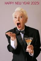 stylish senior sommelier woman in tuxedo with glass of wine at the party. Beverage, mature, style, friendship concept photo