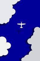 Airplane aerial view paper art with clouds beautiful blue background. vector