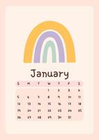 Calendar page for January 2025, week starts on Sunday. Cute design with a rainbow in pastel colors. Perfect for kids nursery, home or office decor. Schedule for planning, organization. vector