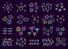 Cute neon decorative design elements. Abstract squiggles of different shapes - stars, hearts, flowers, confetti, bows, bubbles, waves. hand-drawn doodle illustration isolated on dark background vector