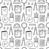 Seamless pattern with school items - textbooks, magnifying glass, calculator, drawing compass, pins. hand-drawn doodle illustration. Perfect for print, wallpaper, decorations. vector